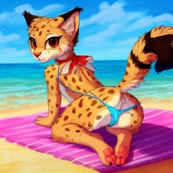 NSFW female cheetah on the beach,  by AI and artists hioshiru, kenket, bloominglynx and so on